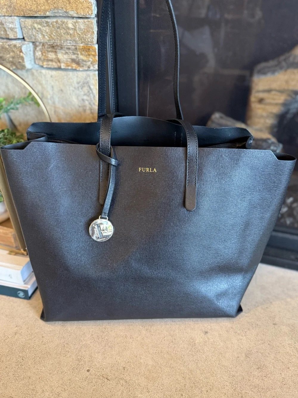 Furla Black Large Leather Tote Bag